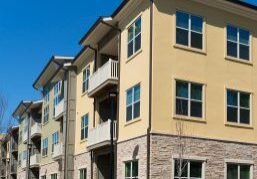 Apartment complex exterior on a spring day
